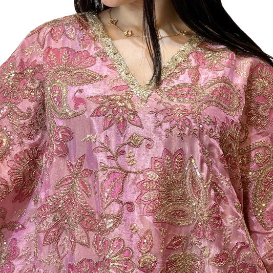 Rose Gold Embroidered Tissue Silk Kaftan