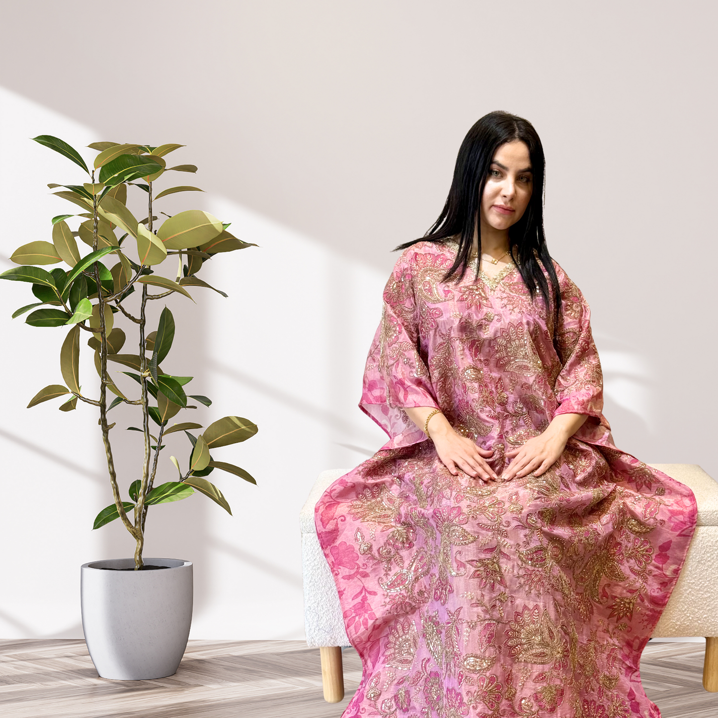 Rose Gold Embroidered Tissue Silk Kaftan