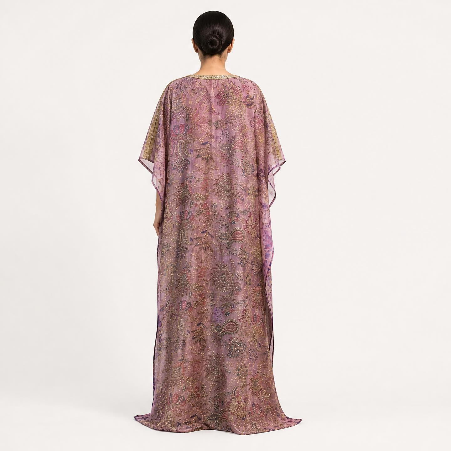 Lavender zari tissue silk kaftan dress, back view showing flowing silhouette