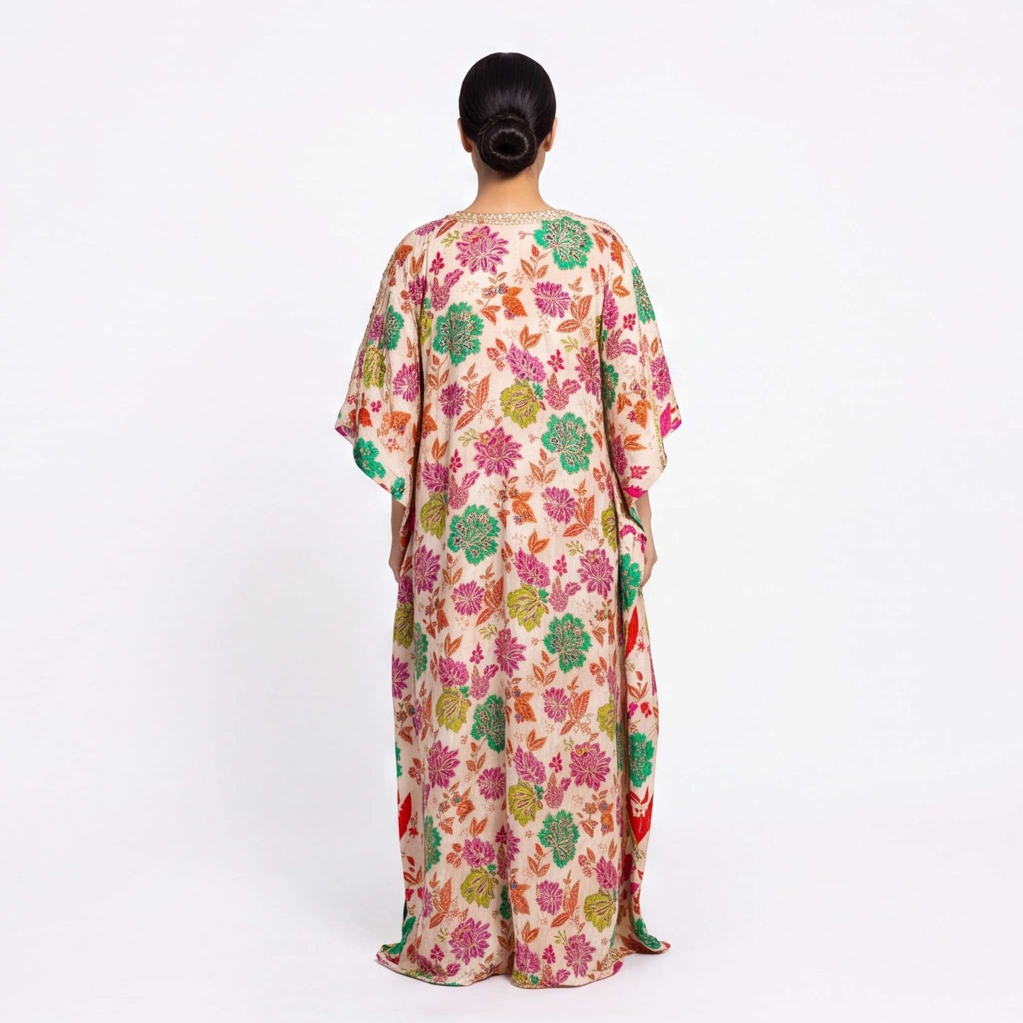 Multi flora tissue silk kaftan dress with pink and green floral print, back view