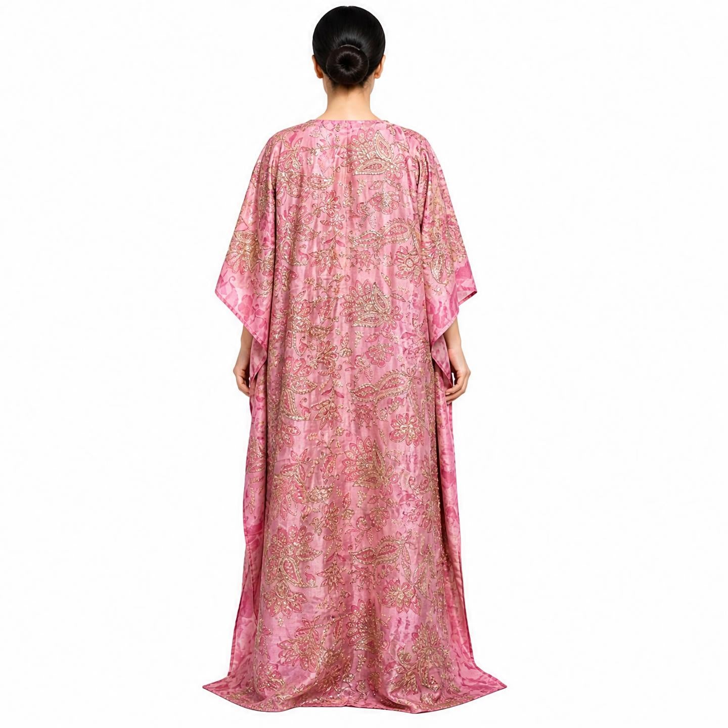 Rose gold embroidered tissue silk kaftan maxi dress, back view