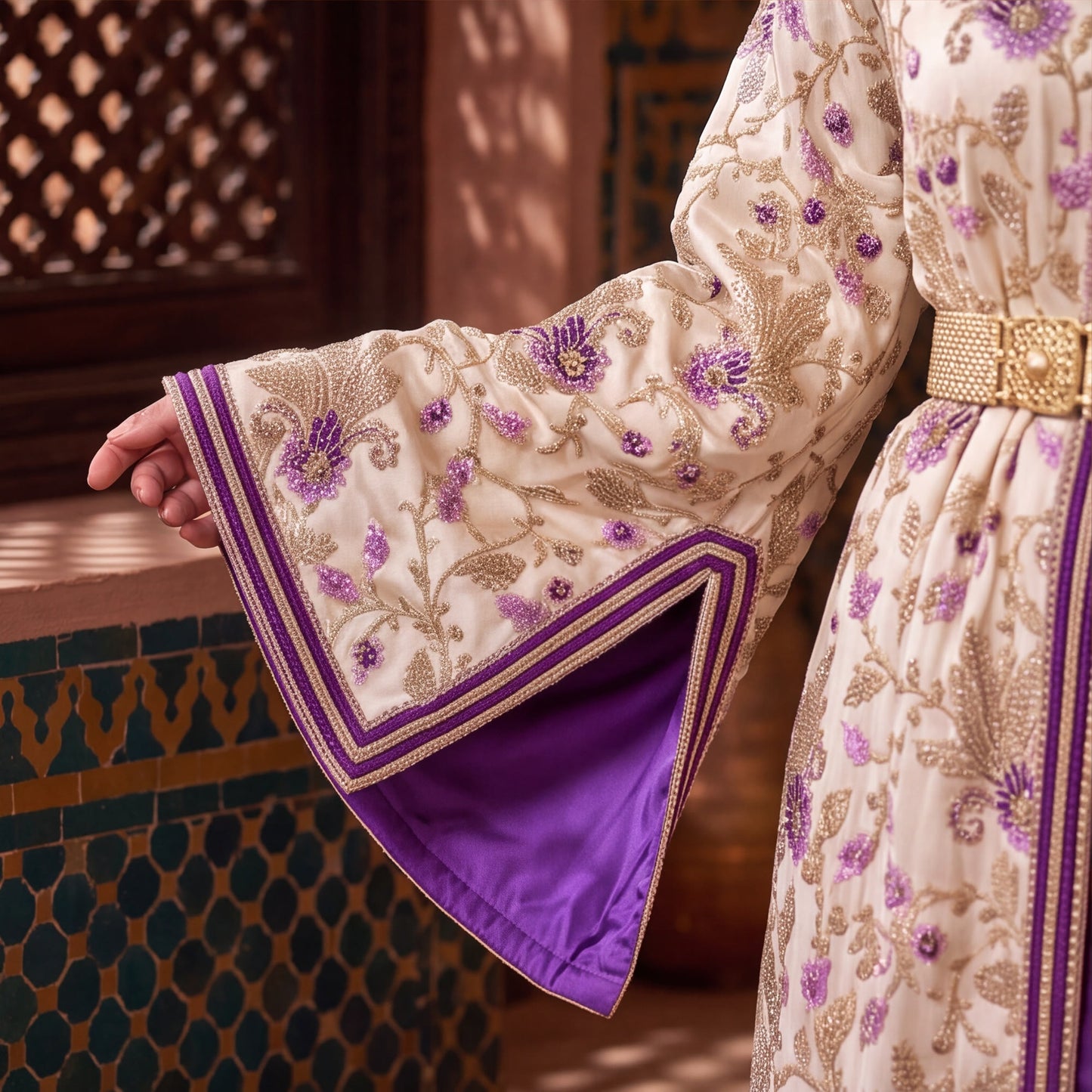 Purple silk lining and gold embroidery detail on Amethyst Marrakech Kaftan sleeve cuff