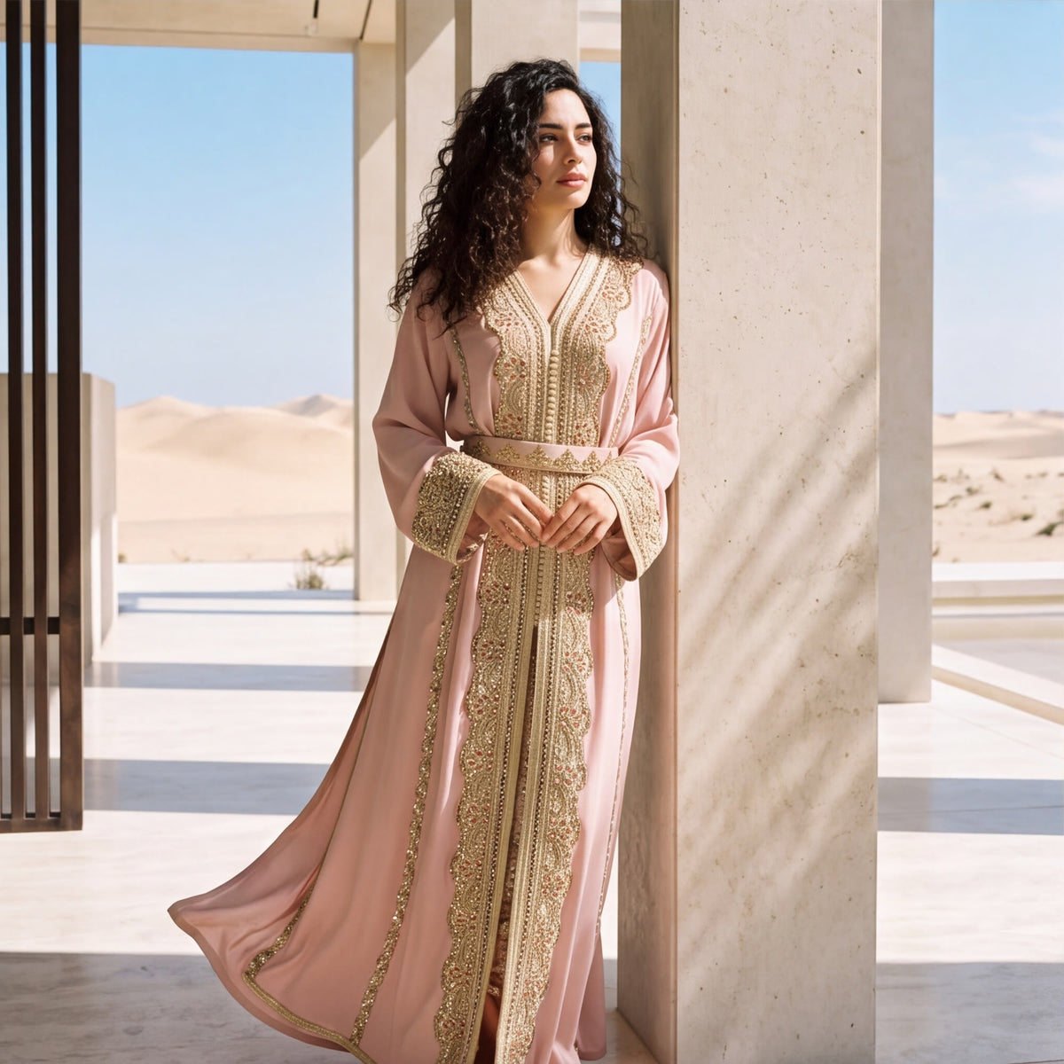 A woman wearing a dusty rose kaftan with gold beaded lace embroidery and a matching belt, in a Moroccan architectural setting.
