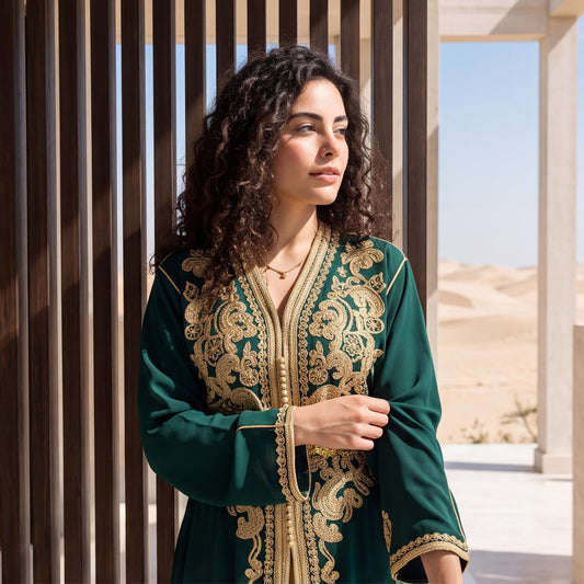 Close-up of the gold filigree belt and ornate embroidery on an emerald green handmade Moroccan kaftan.