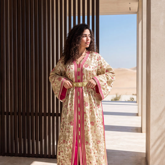 A woman wearing a long beige and pink floral robe with gold trim and a matching belt, standing in a modern outdoor setting with a slatted wooden screen and desert landscape in the background.