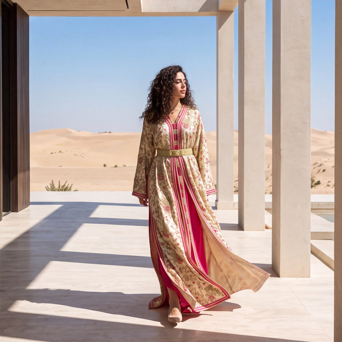 A woman wearing a long beige and pink floral caftan with a gold belt stands on a sunlit terrace with desert dunes and columns in the background.