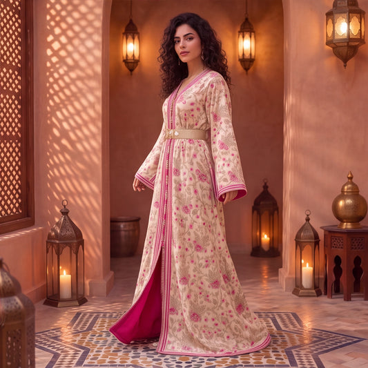 Rose Marrakech Kaftan side profile, model leaning against sunlit Moroccan wall