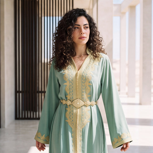 Close-up of the neckline and embroidered detailing on a sage green handmade Moroccan kaftan.
