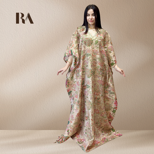 Rubeena Ameen premium beige tissue silk kaftan with pink and green floral embroidery