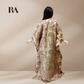 Ethereal translucent texture and luminous sheen of luxury beige tissue silk fabric