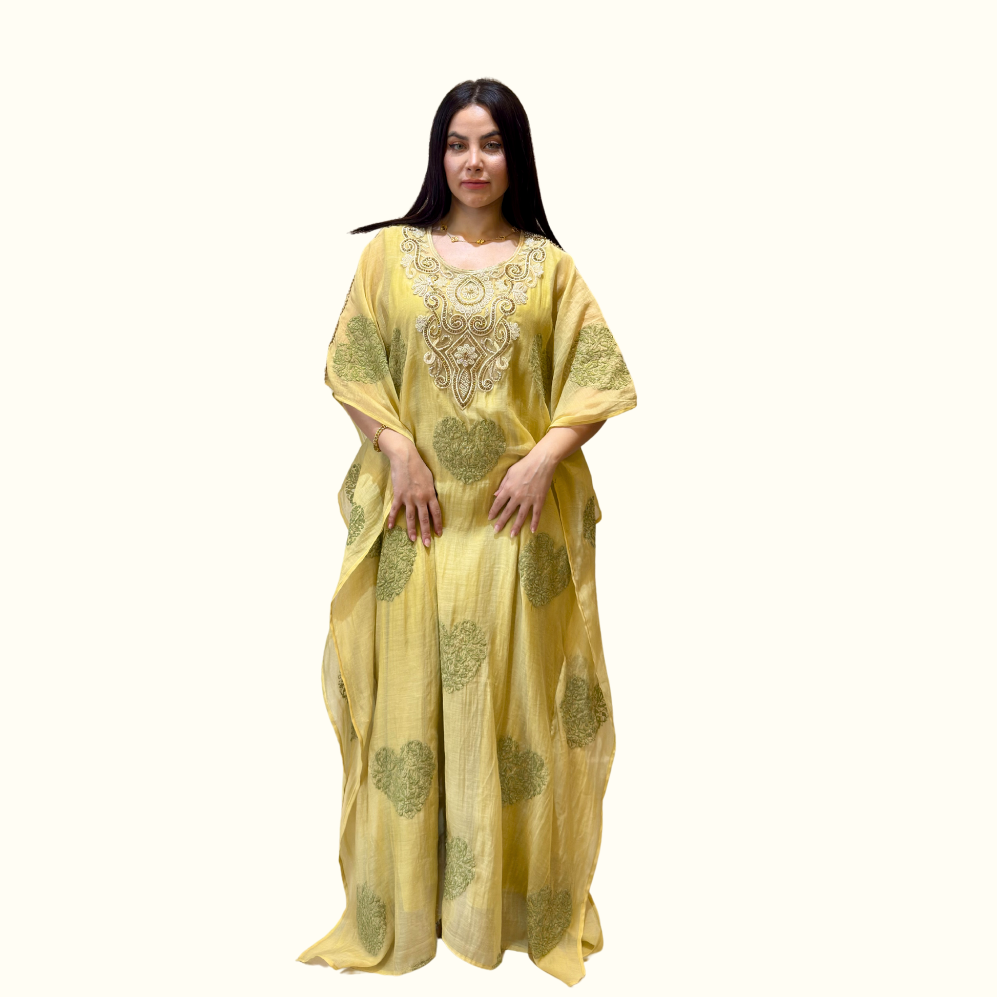 Rubeena Ameen luxury lime light 2-piece mul cotton kaftan set with premium Armani silk inner