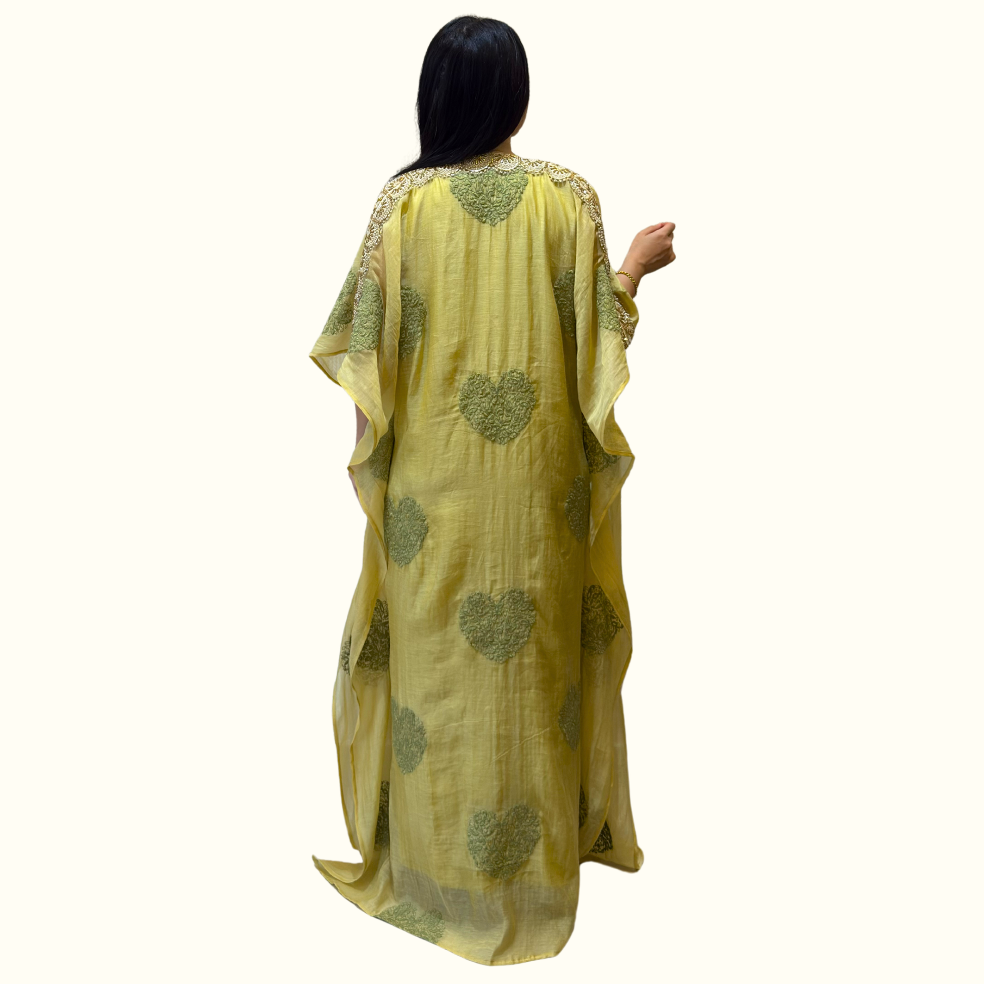 Rubeena Ameen luxury beige 2-piece mul cotton kaftan set back side