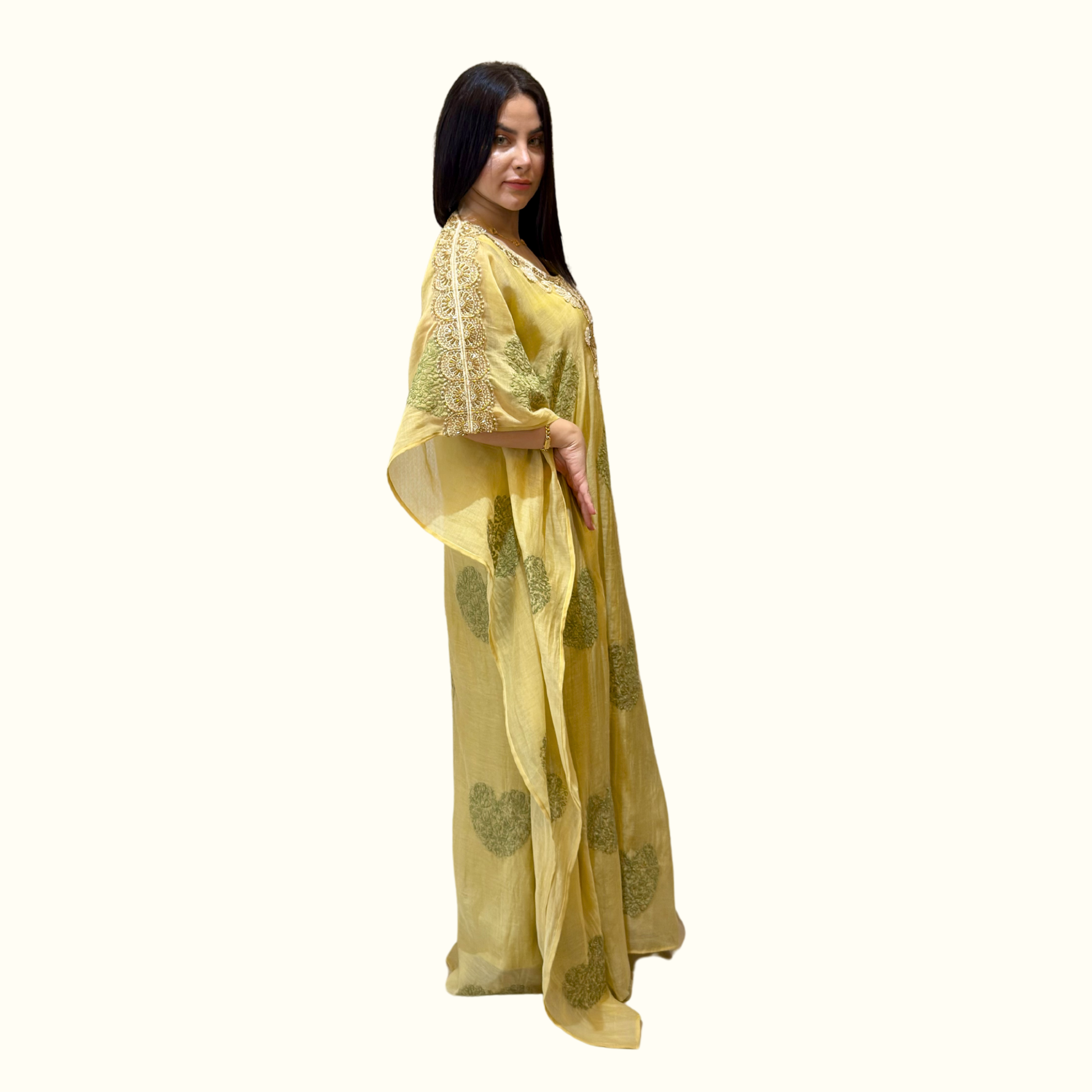 Rubeena Ameen luxury beige 2-piece mul cotton kaftan set side work over sleeve