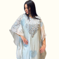 Side view showcasing the luxurious sheen of the full-length Armani silk inner beneath the blue mul cotton overlay