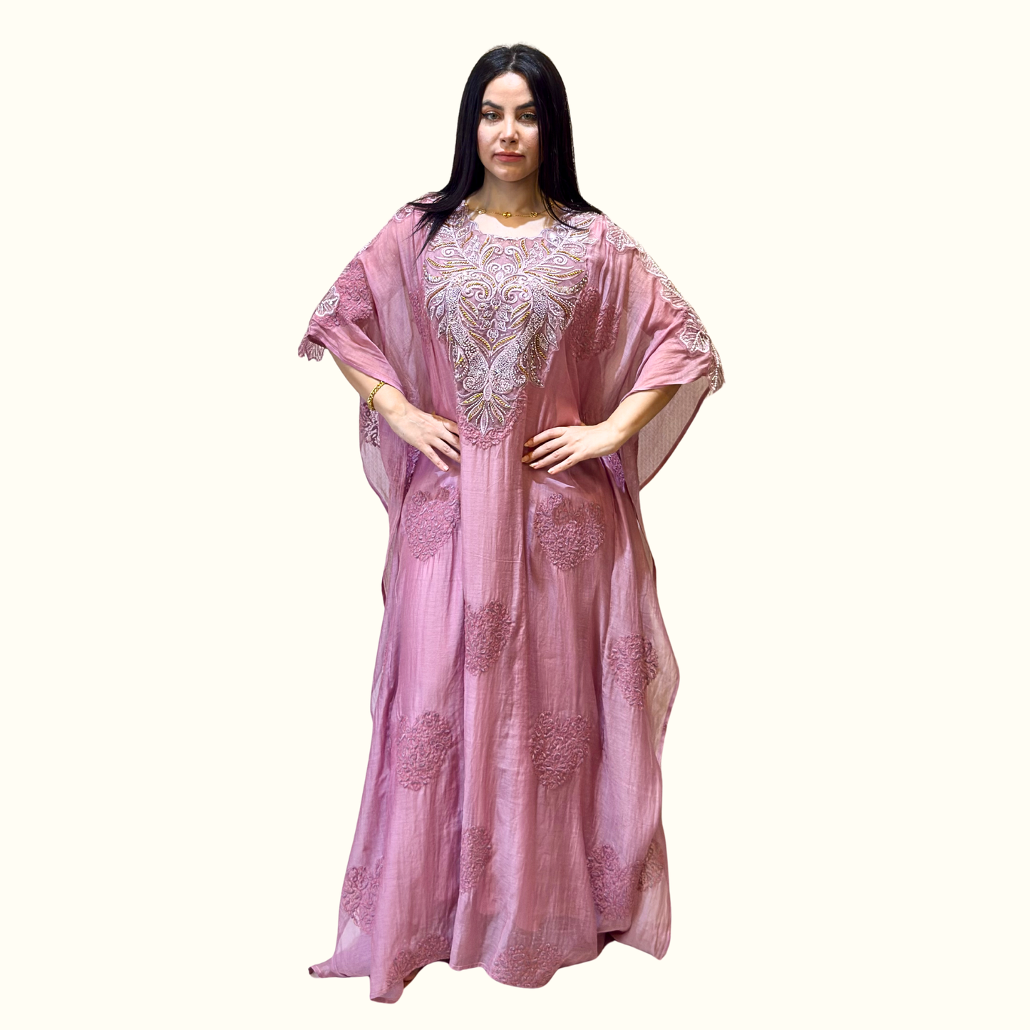 Front view of Rubeena Ameen mauve pink 2-piece embroidered mul cotton kaftan with sleeveless Armani silk slip
