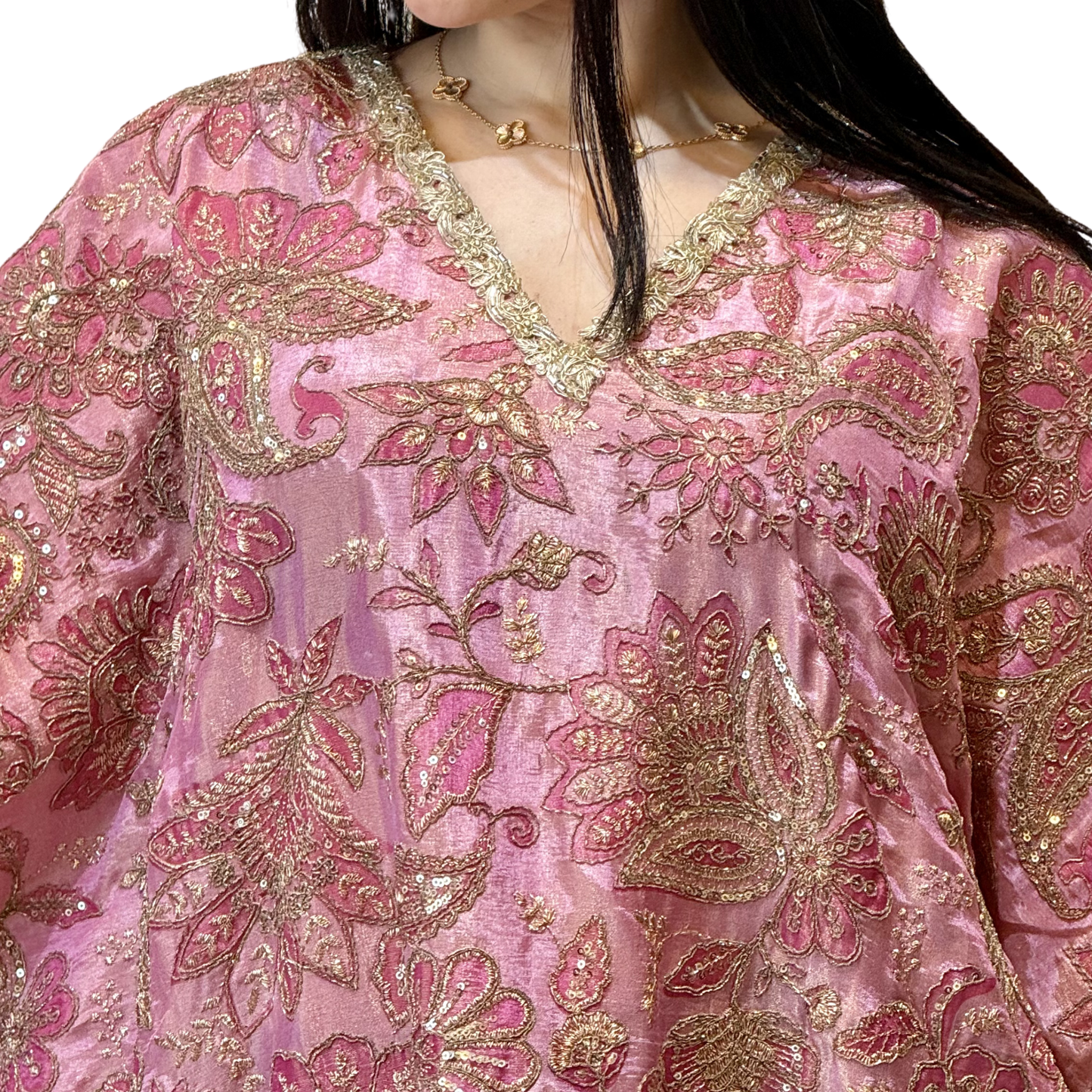 Rose Gold Embroidered Tissue Silk Kaftan