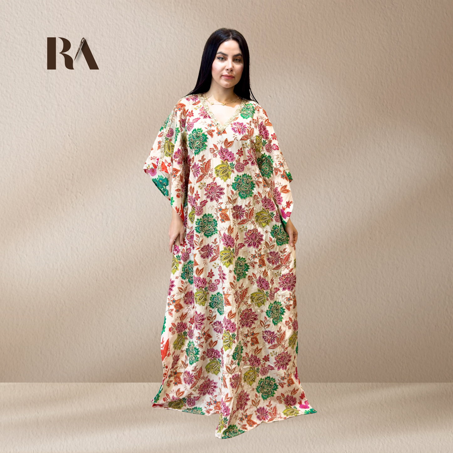 Rubeena Ameen vibrant multi-color floral kaftan dress in premium natural crepe
