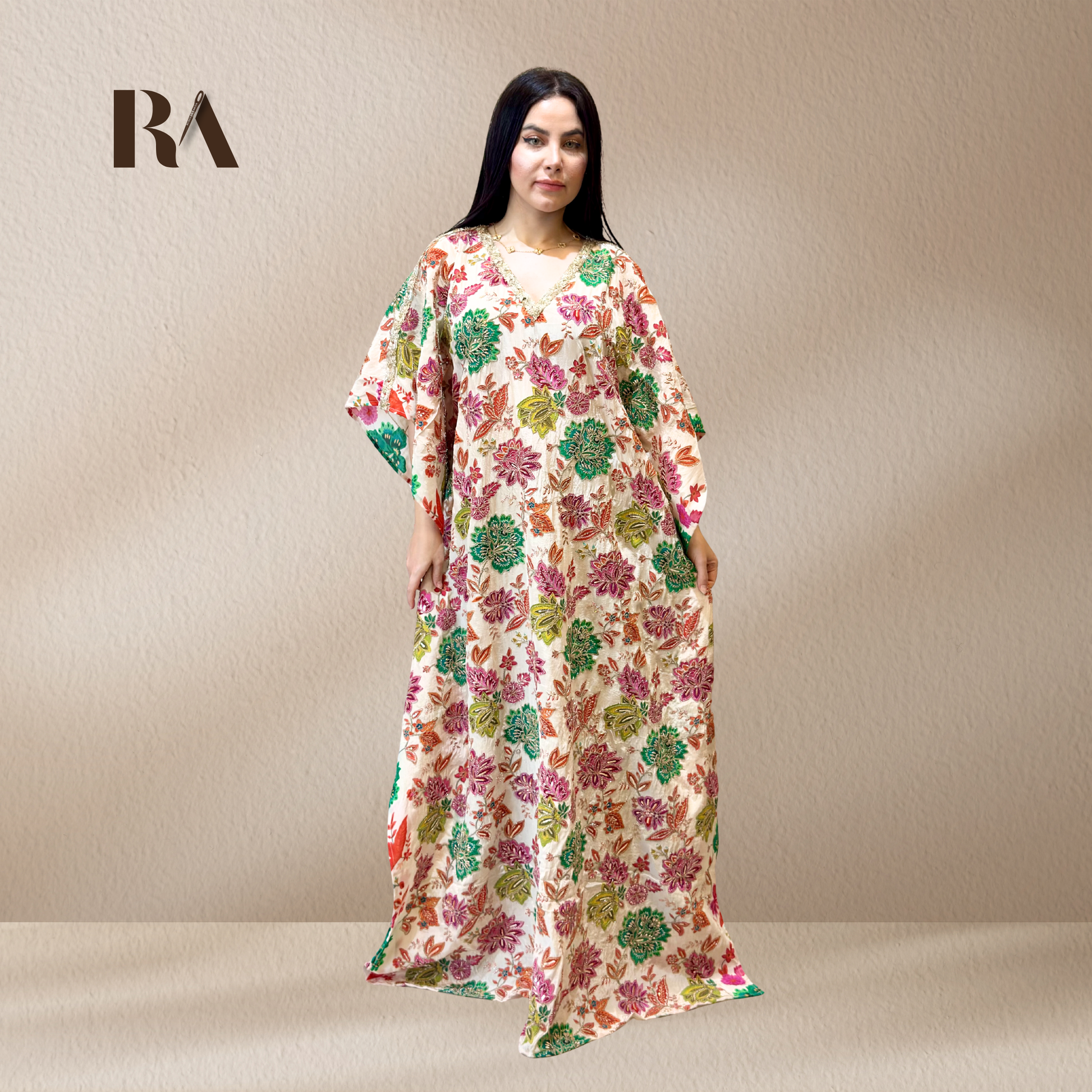 Rubeena Ameen vibrant multi-color floral kaftan dress in premium natural crepe
