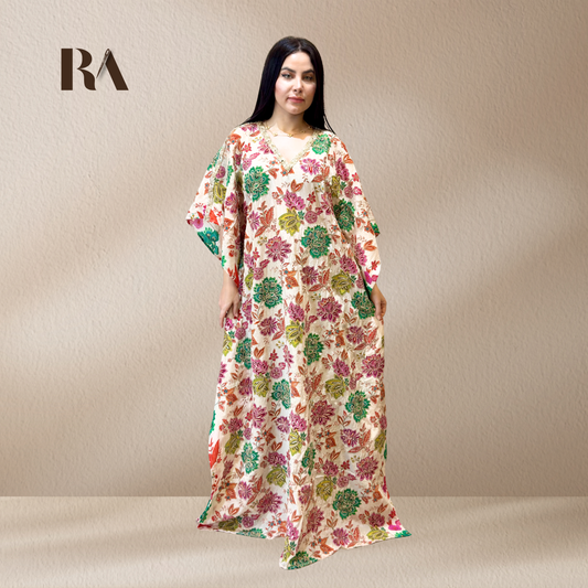 Rubeena Ameen vibrant multi-color floral kaftan dress in premium natural crepe