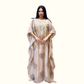 Front view of Rubeena Ameen elegant ivory off-white mul cotton kaftan set with heavy neck embroidery