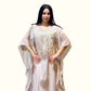 close front view of the clean, minimalist silhouette of Rubeena Ameen ivory white luxury kaftan