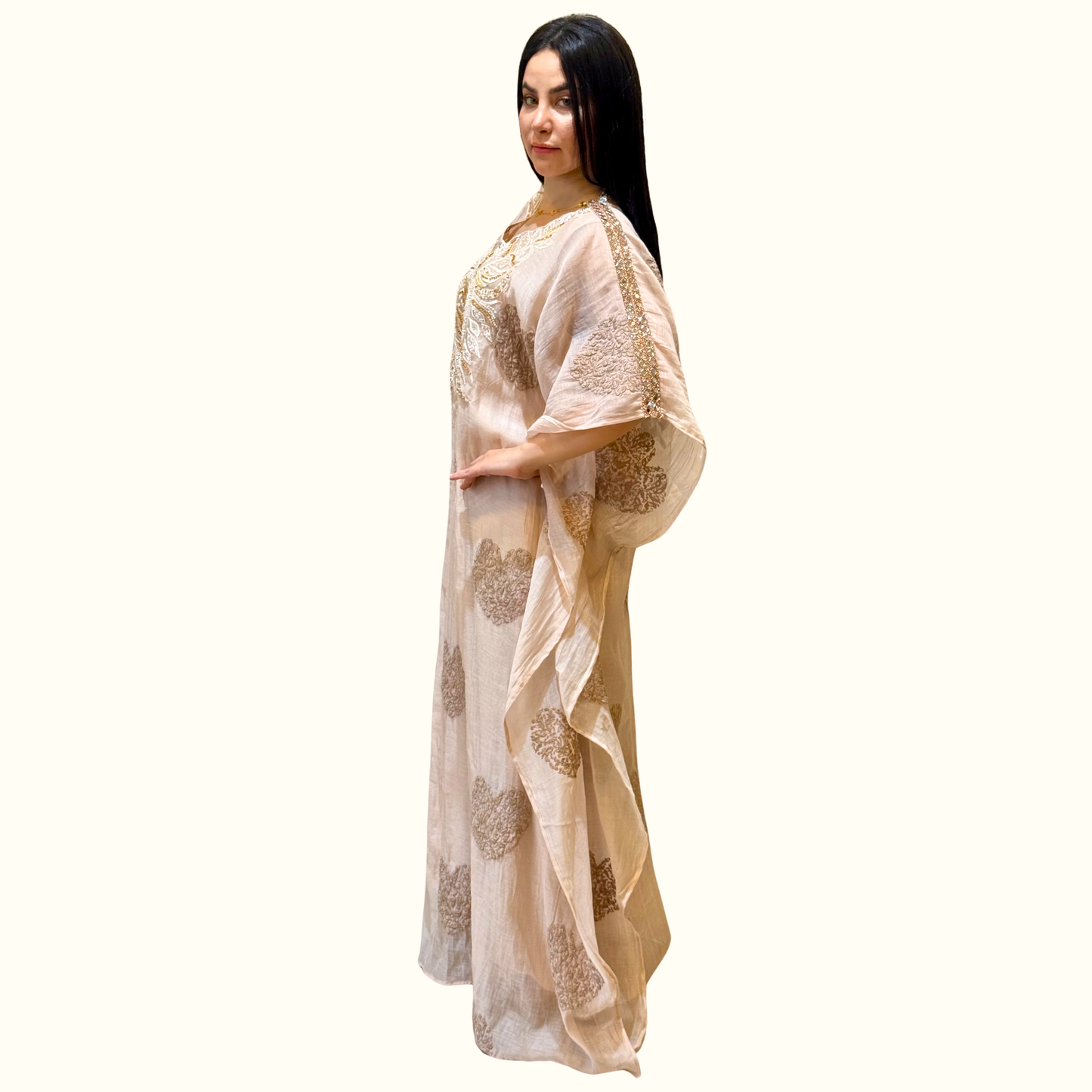 Side profile highlighting the premium sleeveless Armani silk inner lining under sheer ivory mul cotton