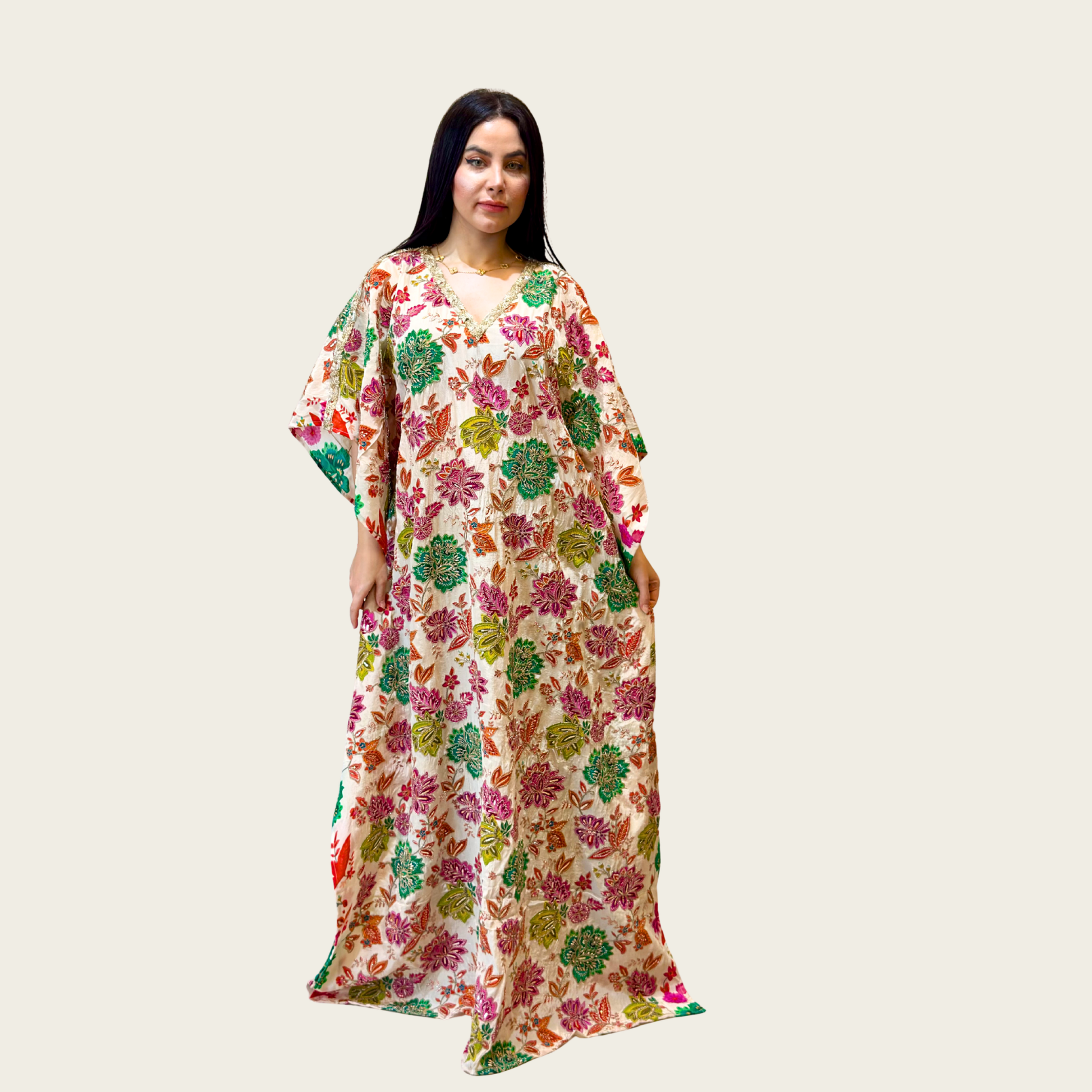 Front view of Rubeena Ameen vibrant multi-color floral kaftan dress in premium natural crepe