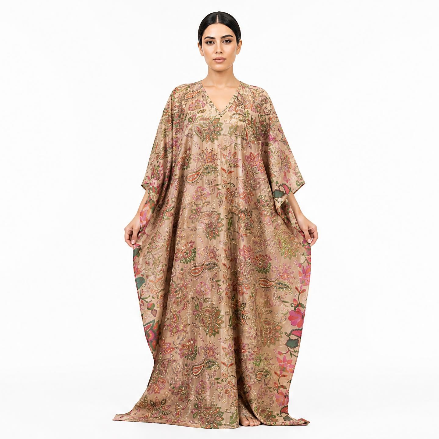 Golden embroidered tissue silk kaftan dress with paisley floral design, front view