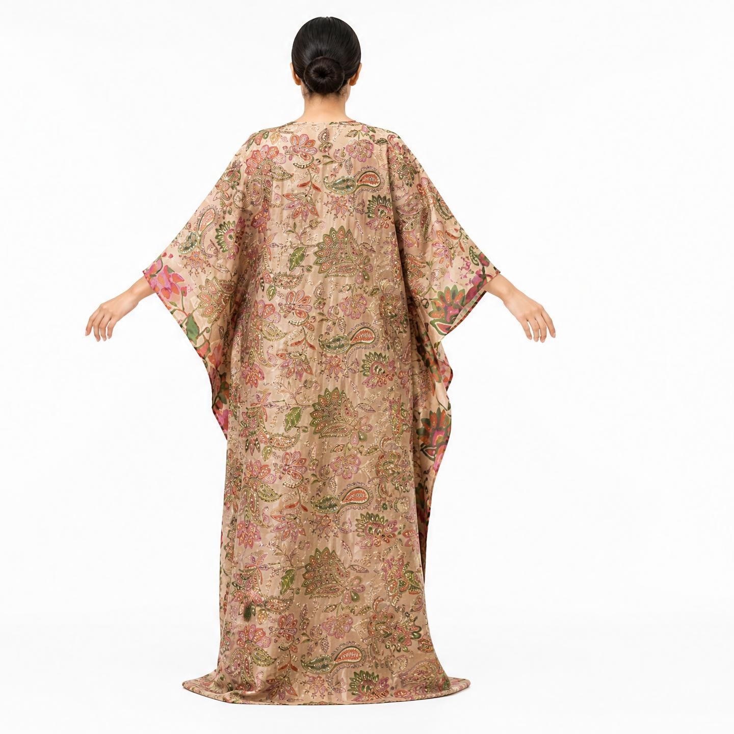 Golden embroidered tissue silk kaftan dress, back view showing paisley embroidery