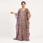 Lavender zari embroidered tissue silk kaftan dress with floral paisley print, front view