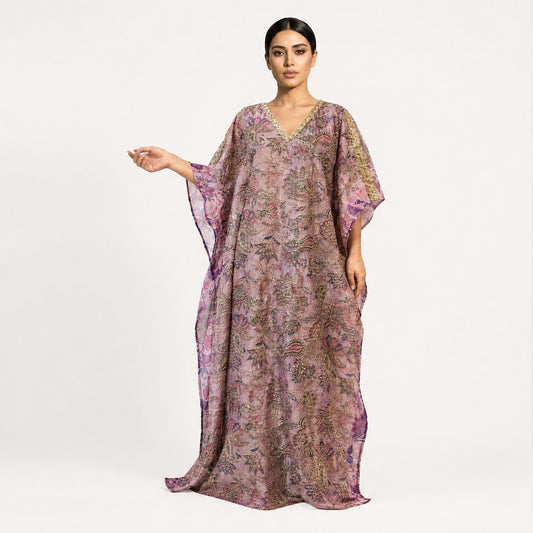 Lavender zari embroidered tissue silk kaftan dress with floral paisley print, front view