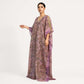 Lavender tissue silk kaftan dress with gold zari embroidery, 3/4 side angle
