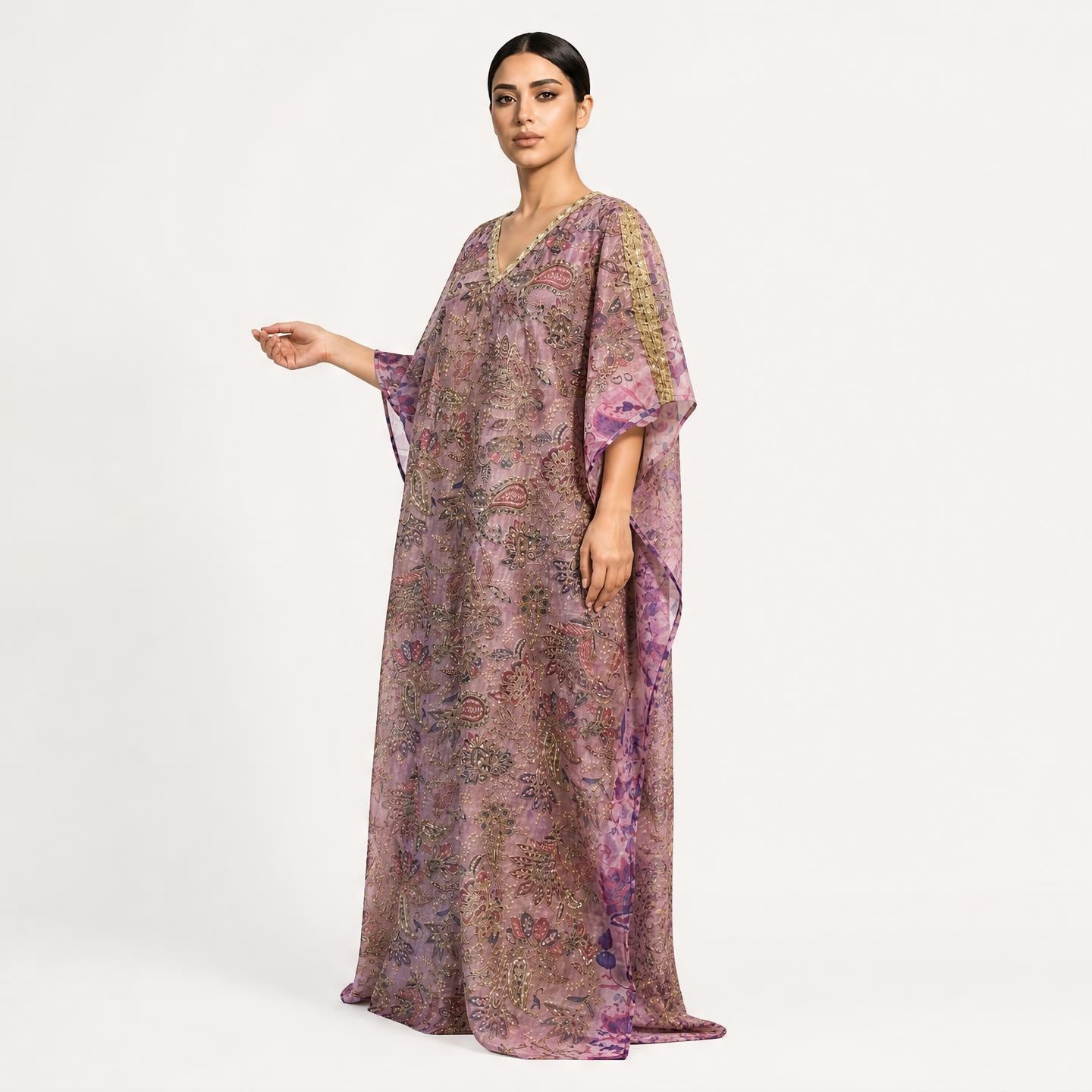 Lavender tissue silk kaftan dress with gold zari embroidery, 3/4 side angle