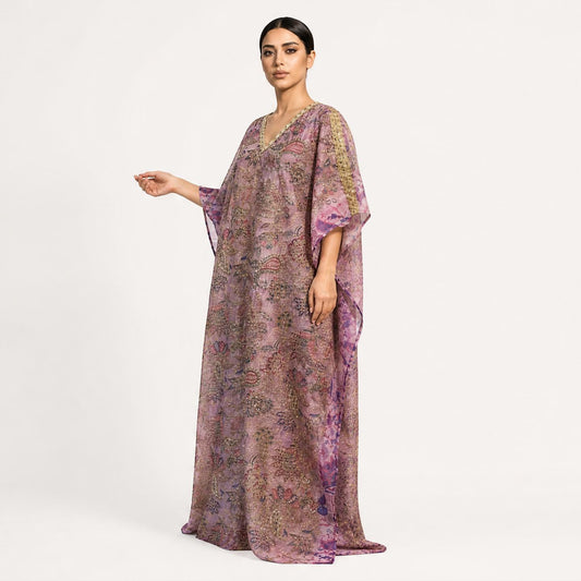 Lavender tissue silk kaftan dress with gold zari embroidery, 3/4 side angle