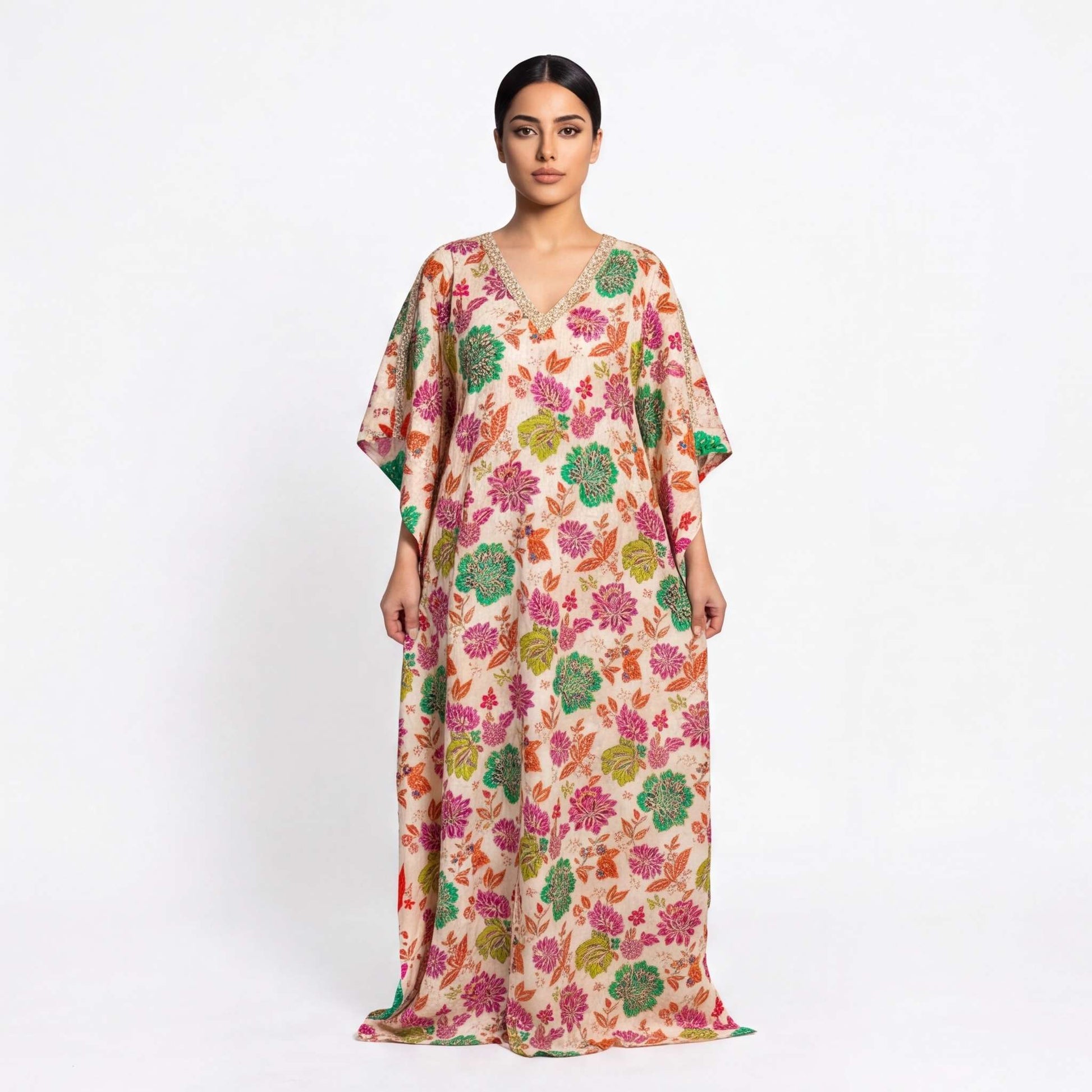 Multi flora tissue silk kaftan dress with colorful floral print, front view
