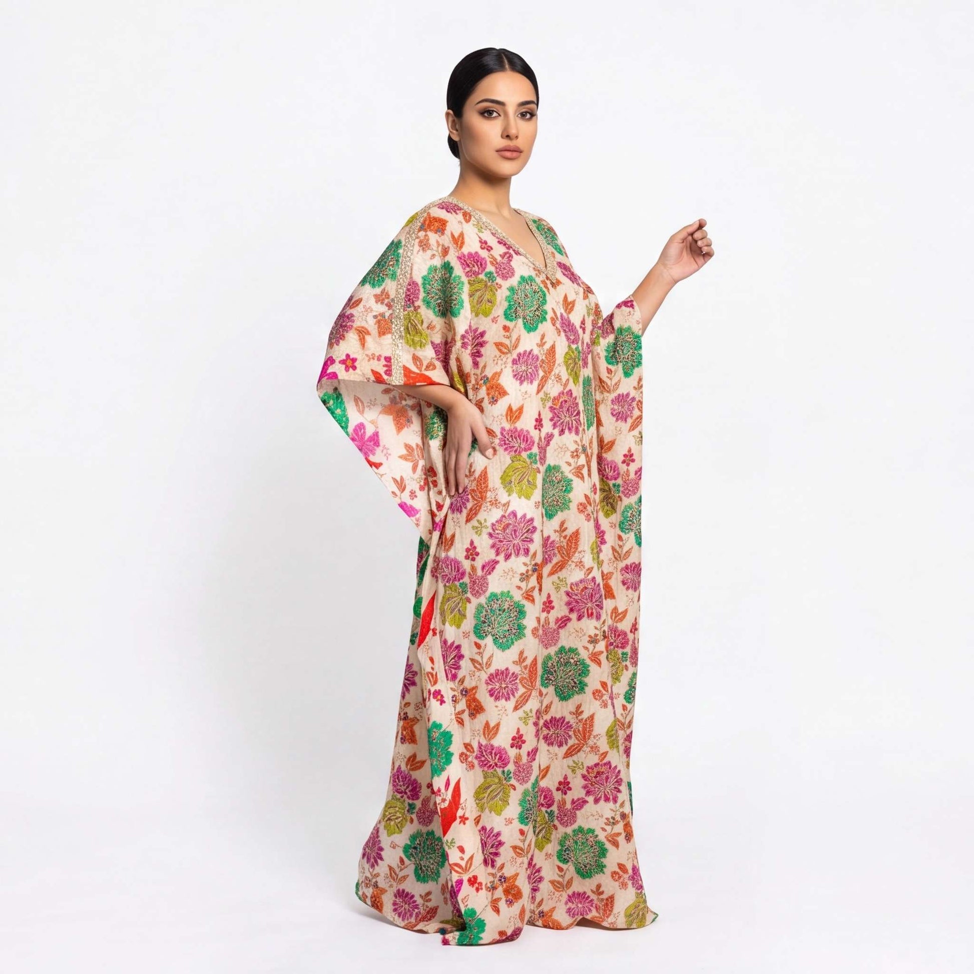Cream tissue silk kaftan with multicolor floral print, 3/4 side angle
