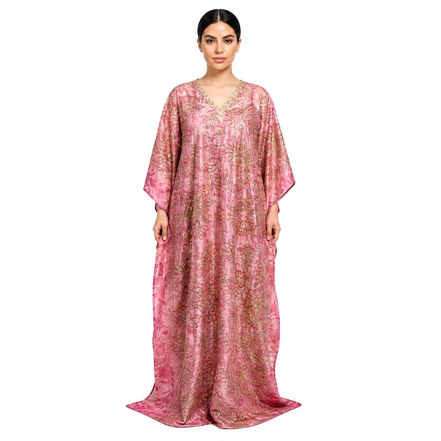 Rose gold embroidered tissue silk kaftan dress with sequin paisley design, front view