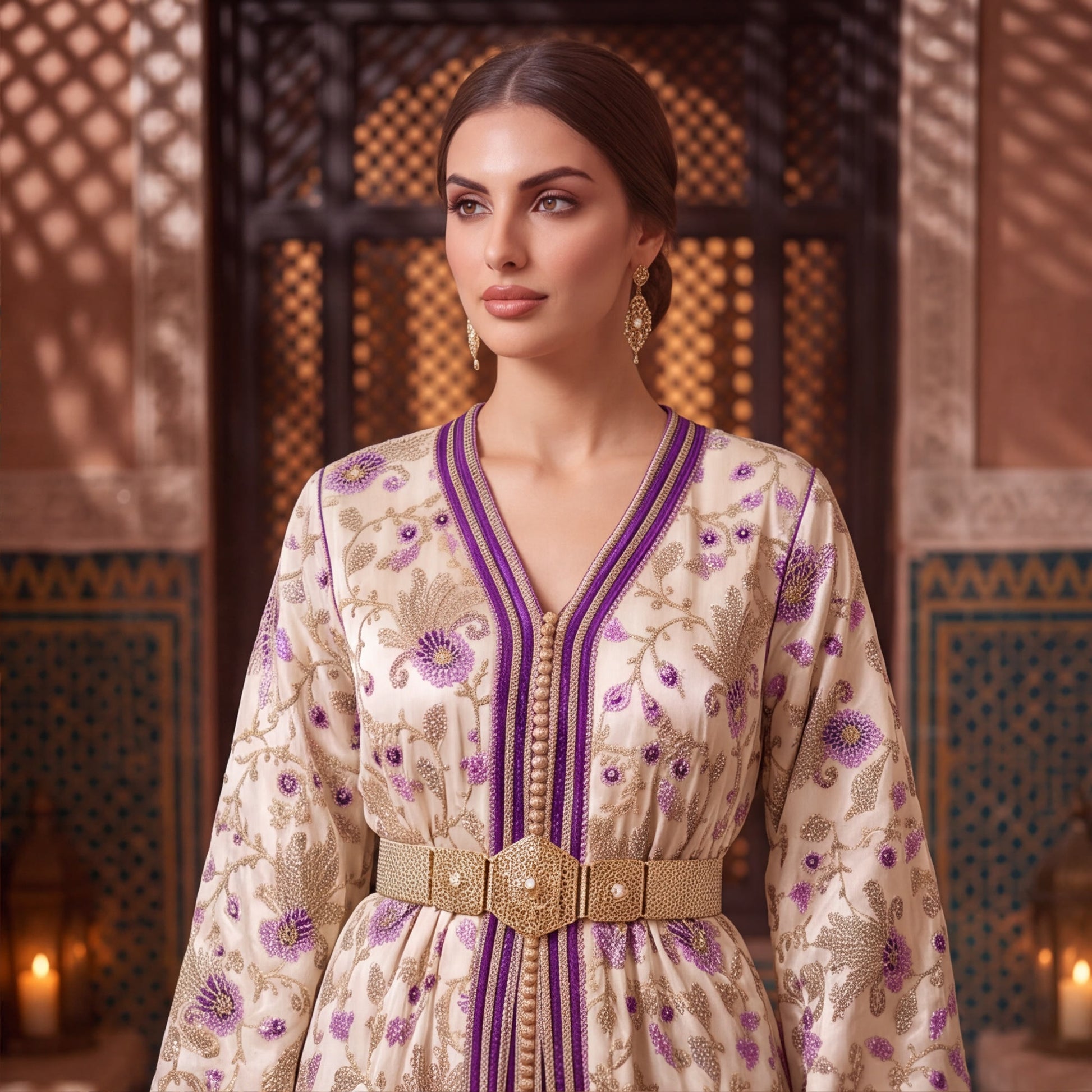Woman wearing purple embroidered Marrakech kaftan, three-quarter portrait against carved wood door