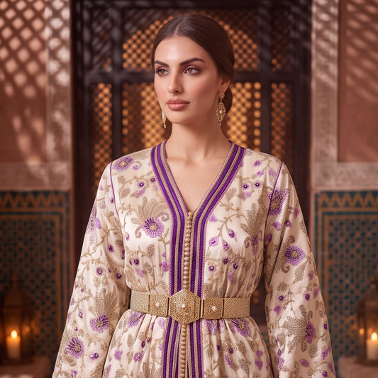 Woman wearing purple embroidered Marrakech kaftan, three-quarter portrait against carved wood door