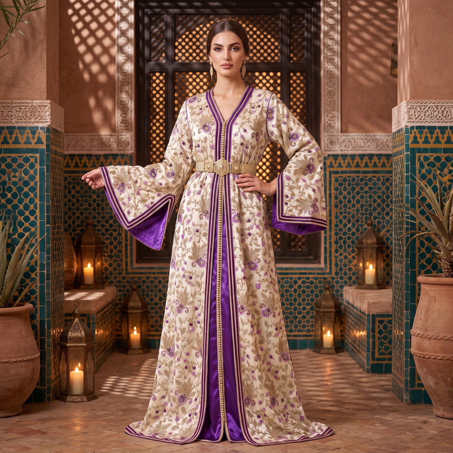 Amethyst Marrakech Kaftan in violet floral embroidery, full-length front view in a Moroccan archway