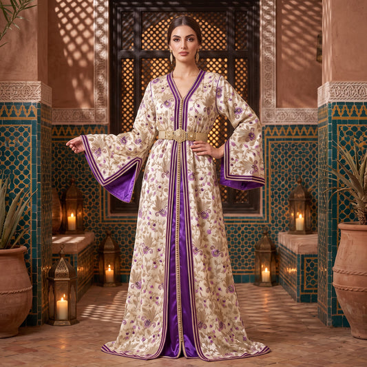 Amethyst Marrakech Kaftan in violet floral embroidery, full-length front view in a Moroccan archway