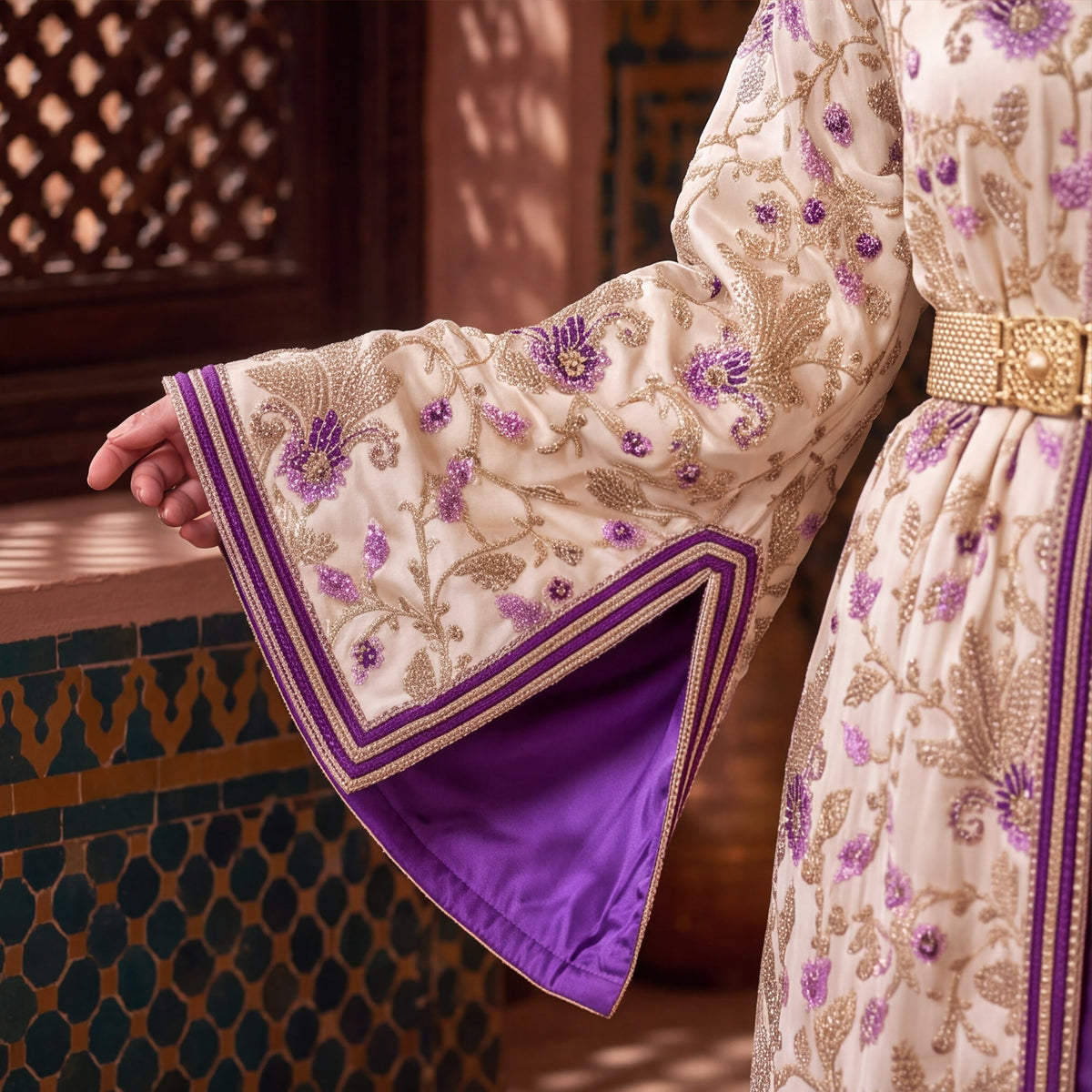 Purple silk lining and gold embroidery detail on Amethyst Marrakech Kaftan sleeve cuff