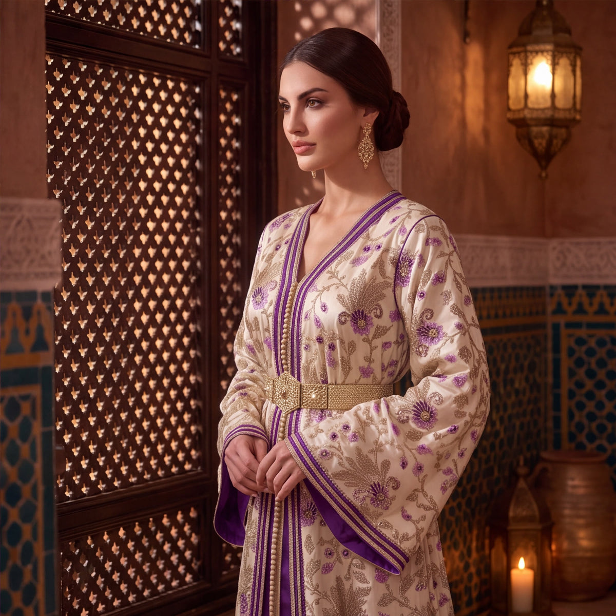 Close-up of Amethyst Marrakech Kaftan bodice with gold beaded belt and violet trim