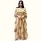 Front view of Rubeena Ameen luxury beige 2-piece mul cotton kaftan set with premium Armani silk inner