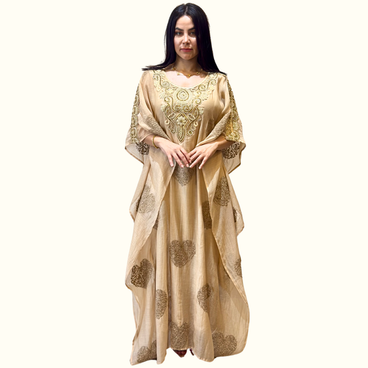 Front view of Rubeena Ameen luxury beige 2-piece mul cotton kaftan set with premium Armani silk inner