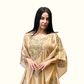 Close-up of heavy gold embroidery work on the neckline of Rubeena Ameen premium cotton kaftan