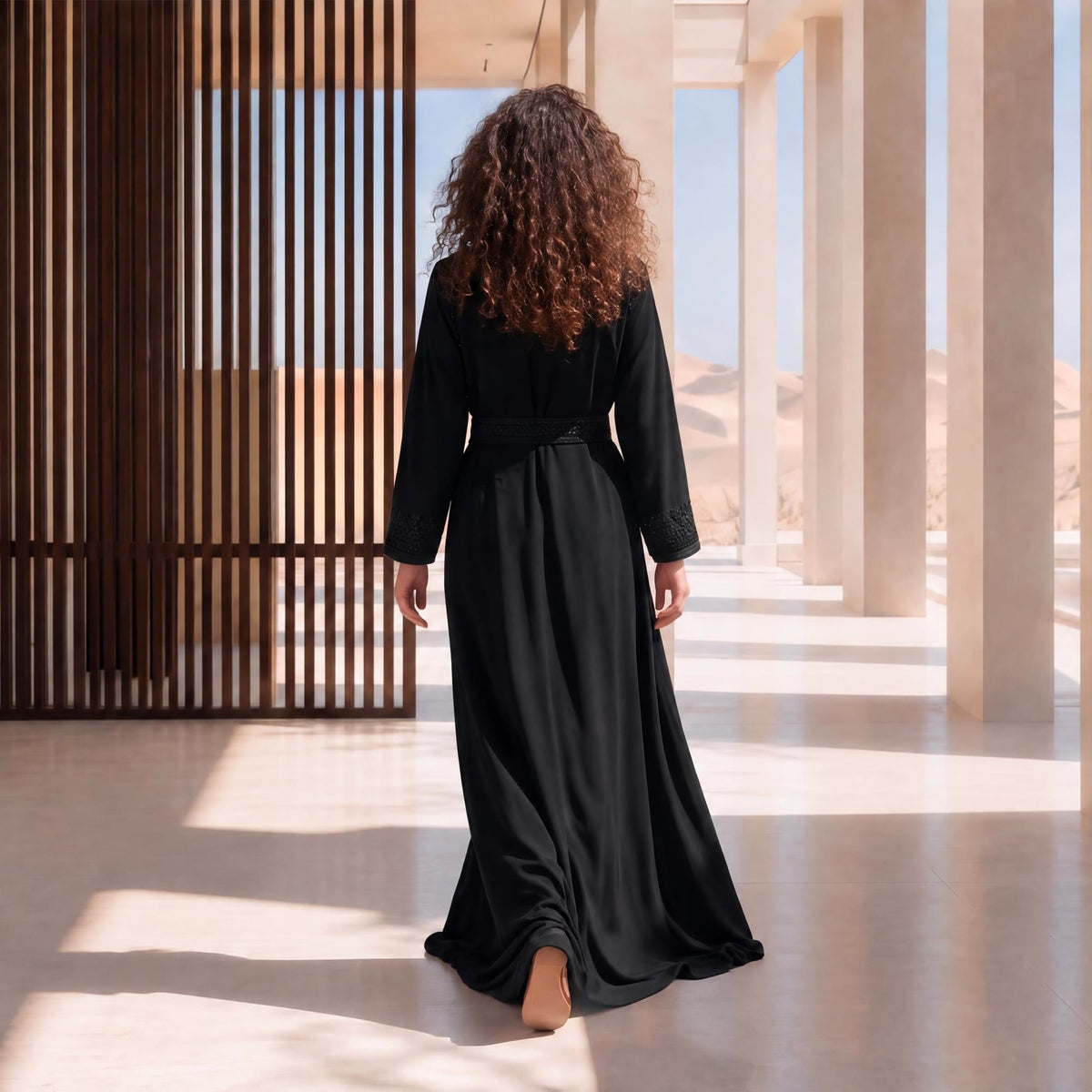 Back view of a woman walking in a floor-length black Marrakech kaftan with embroidered belt and sleeve cuffs, in a modern architectural setting.