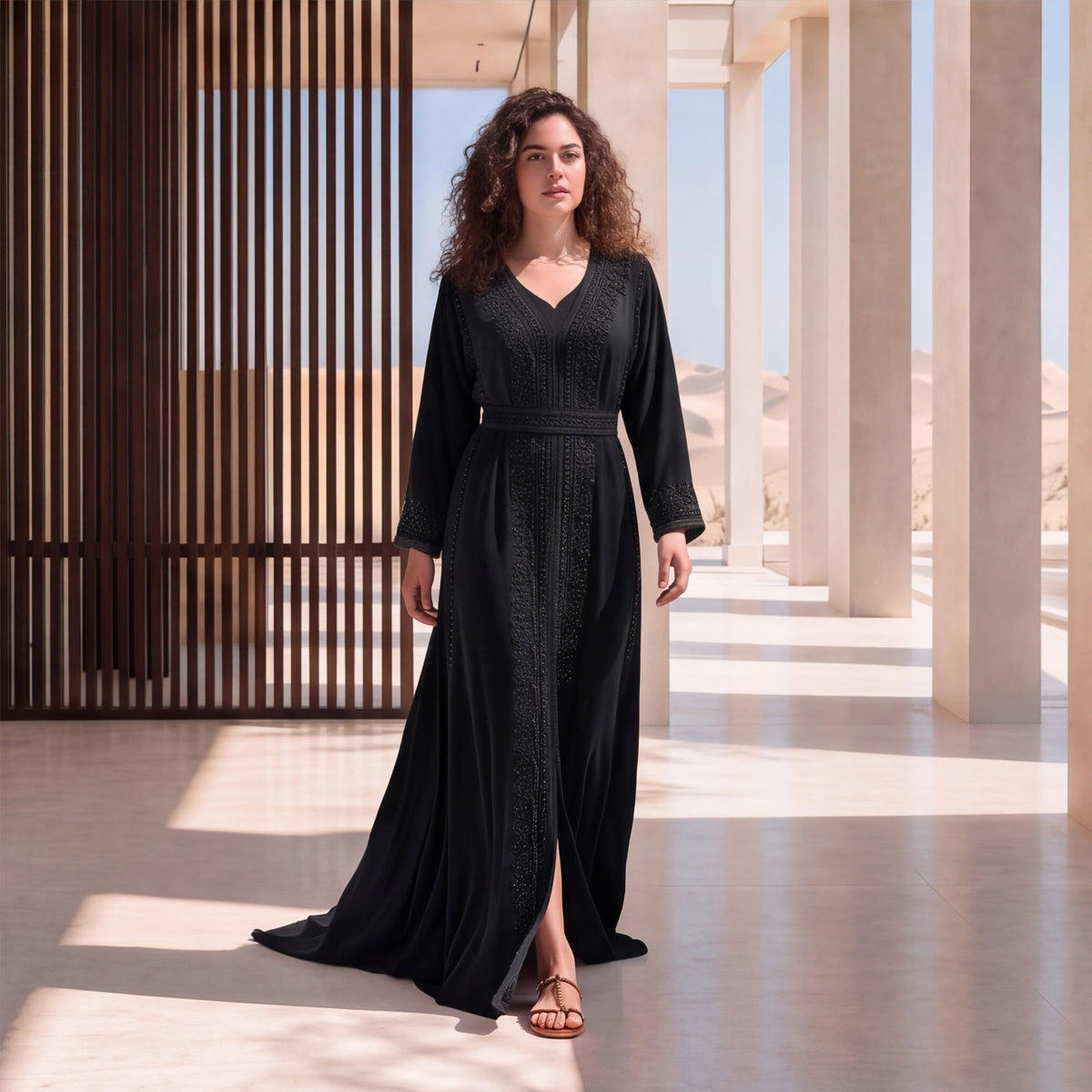 A woman with curly hair wearing a floor-length black Marrakech kaftan with tone-on-tone embroidery on the V-neckline, front panel and sleeves, tied with a matching belt, in a sunlit desert pavilion.