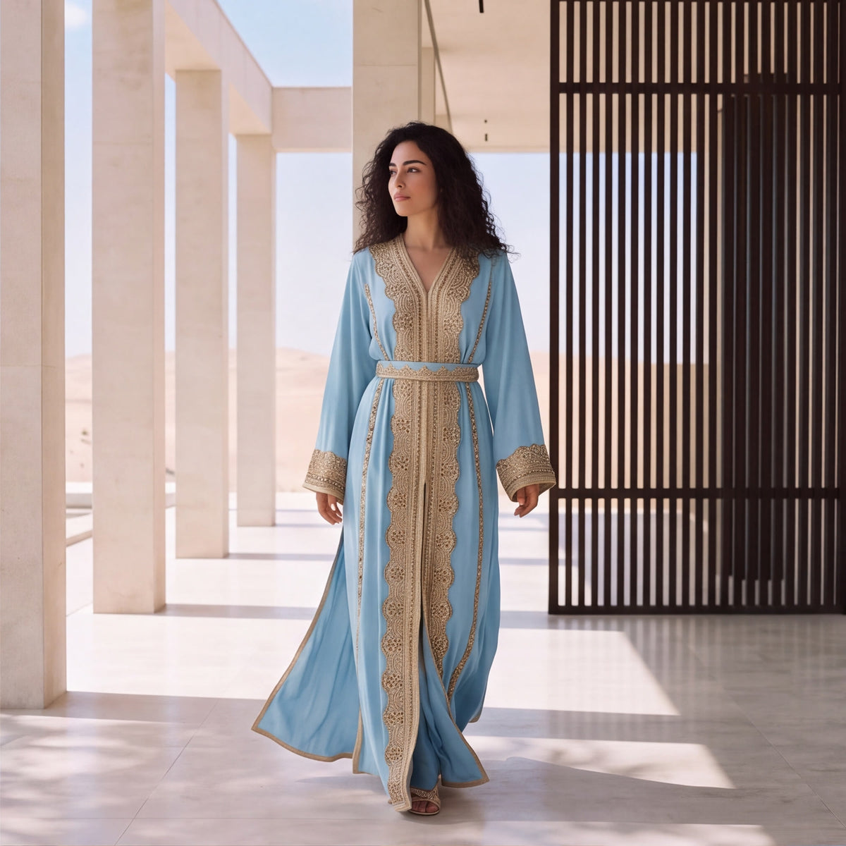 A woman wearing a floor-length sky blue Marrakech kaftan with gold and crystal embroidery on the neckline, front panel, sleeves and belt, walking through a sunlit desert pavilion.