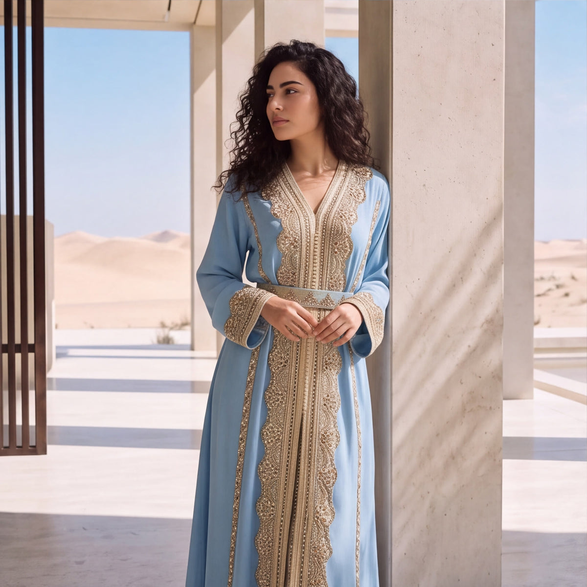 Half-body view of a woman in a sky blue Marrakech kaftan with gold and crystal embroidery on the V-neckline and a matching embroidered belt, standing beside a stone pillar.